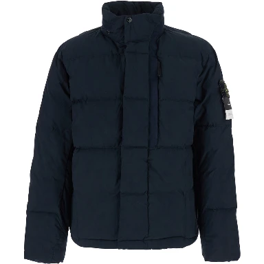 blue Down jacket with high collar and logo patch on the sleeve in cotton and Tech Fabric for men