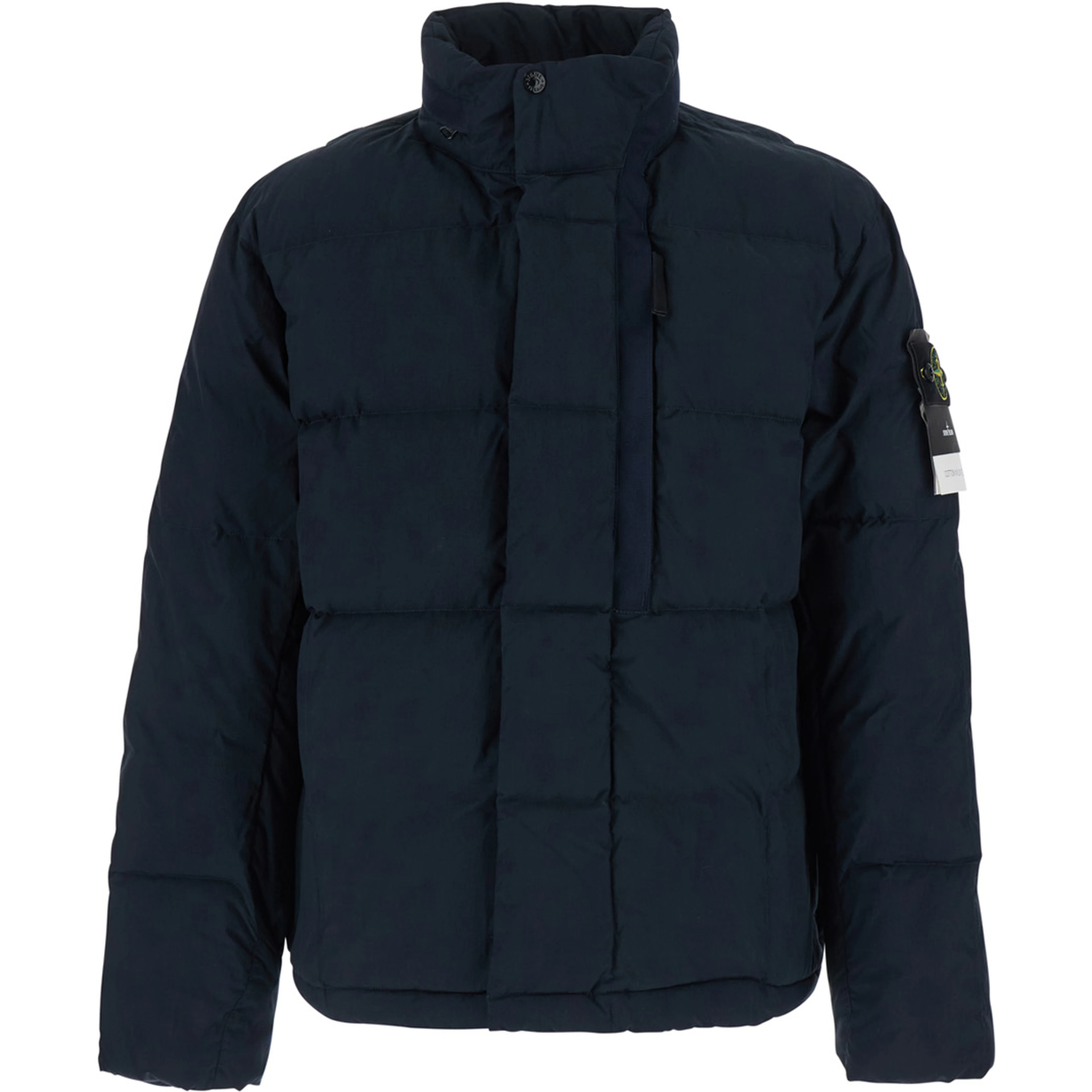 blue Down jacket with high collar and logo patch on the sleeve in cotton and Tech Fabric for men