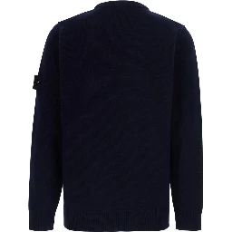 Blue Crewneck sweater with logo patch on the sleeve in wool for men
