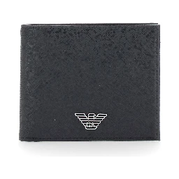 black Bifold wallet with metallic logo on the front in tech fabric for men