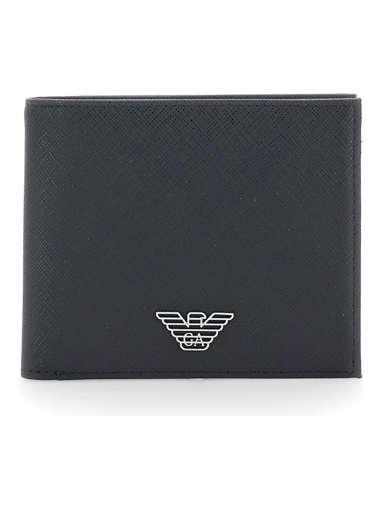 black Bifold wallet with metallic logo on the front in tech fabric for men