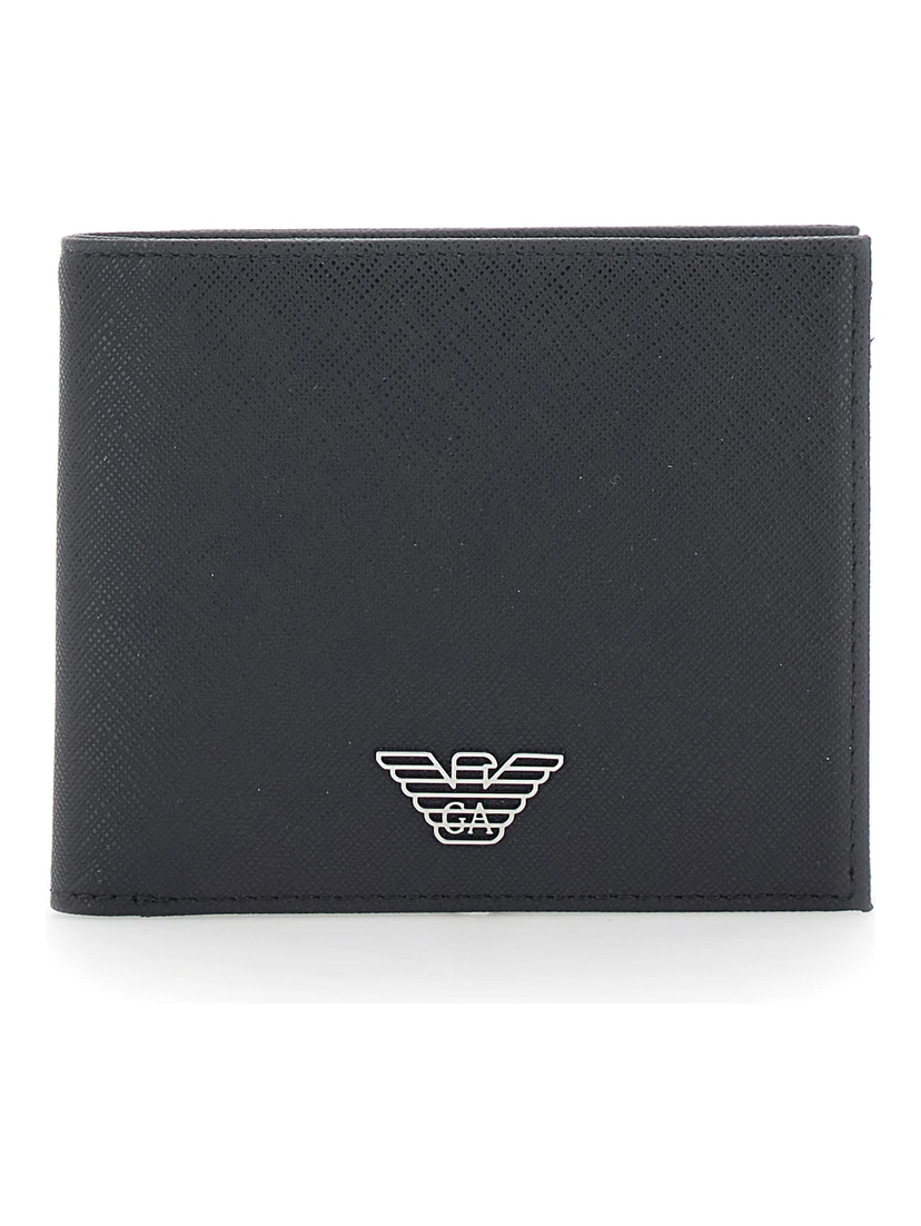 black Bifold wallet with metallic logo on the front in tech fabric for men