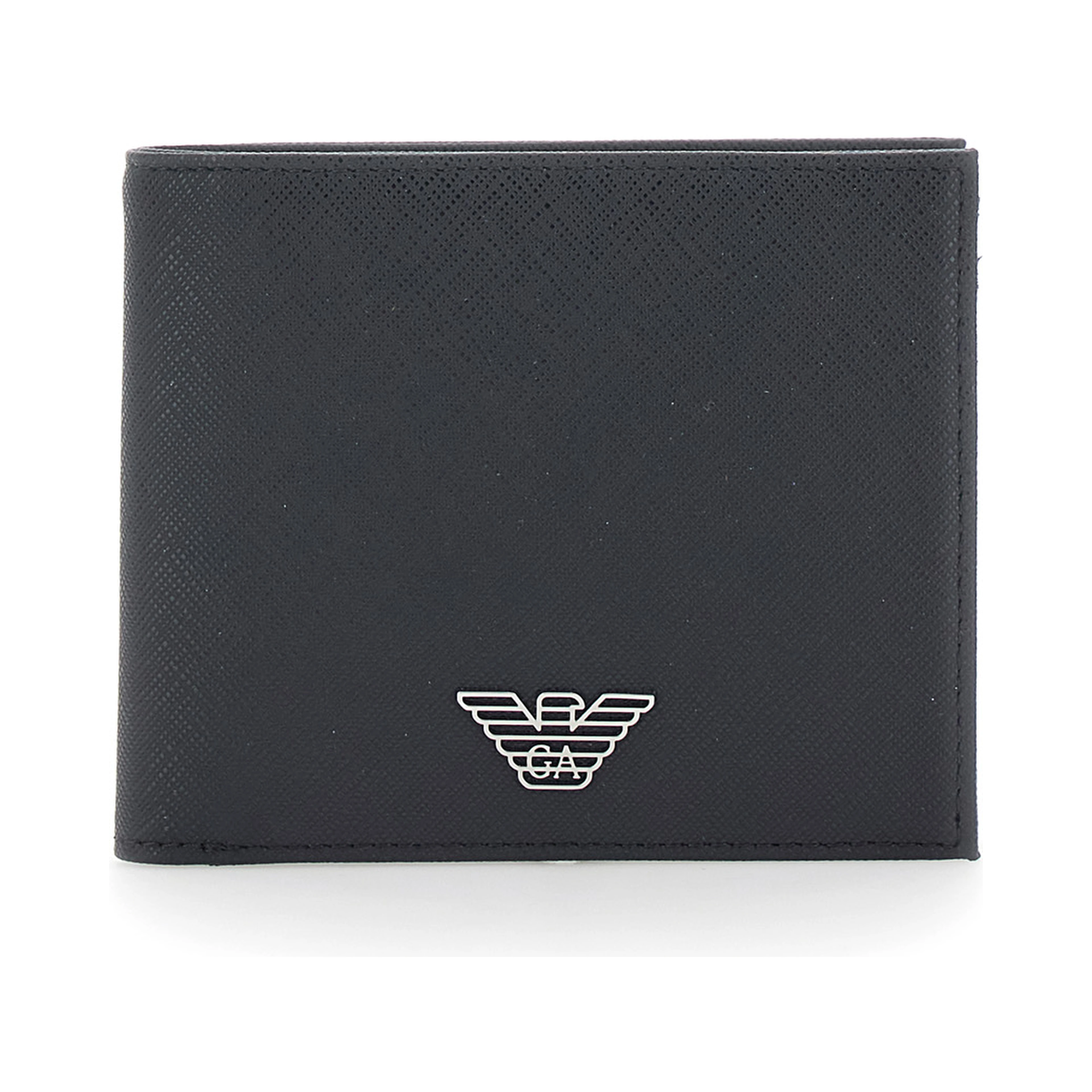 black Bifold wallet with metallic logo on the front in tech fabric for men