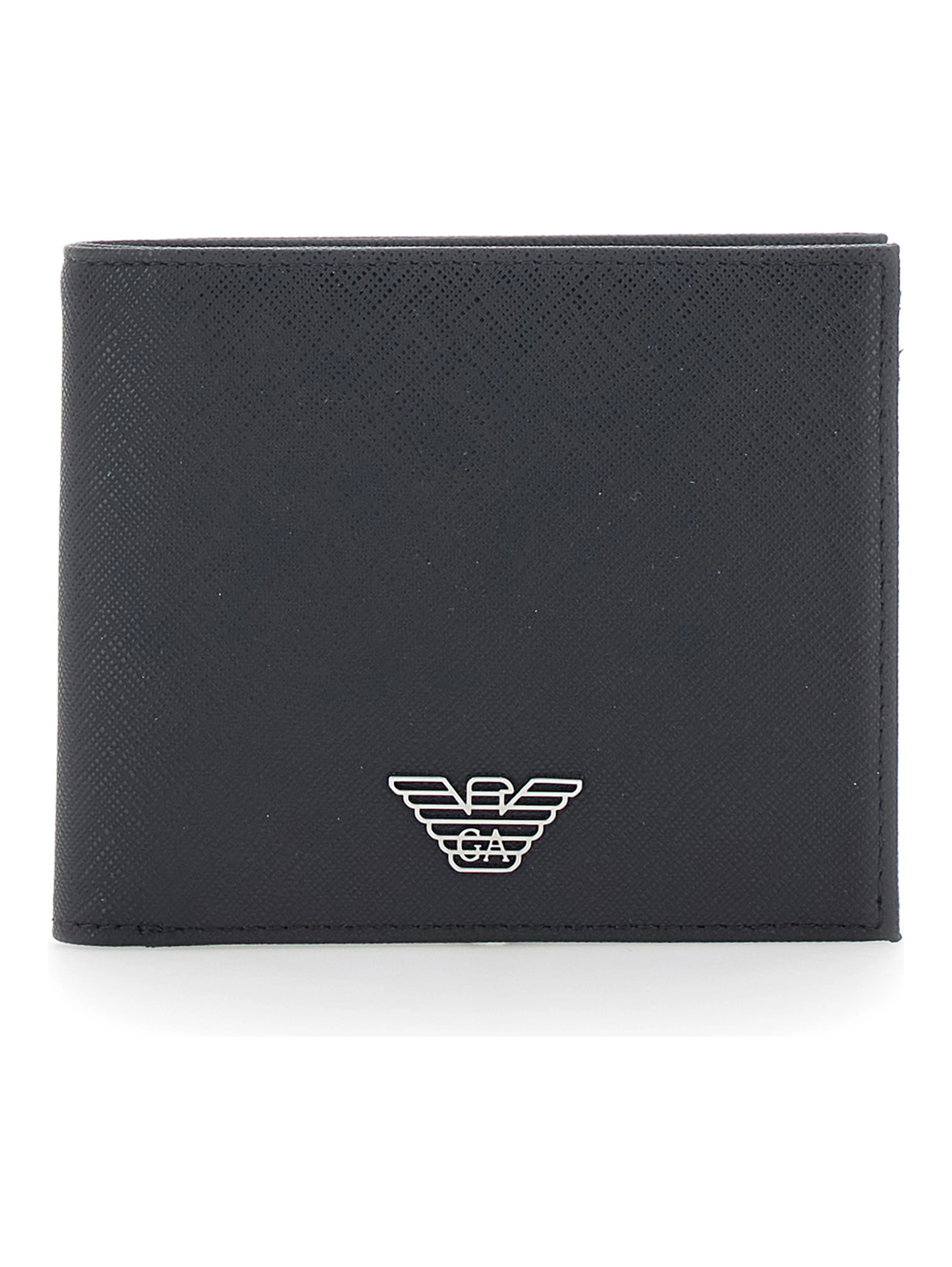 black Bifold wallet with metallic logo on the front in tech fabric for men