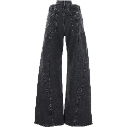 Wide-leg Jeans with Four Stitching Points Logo in Black Denim for Women