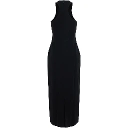 Long dress with v-neck and thin straps in black tech fabric for women