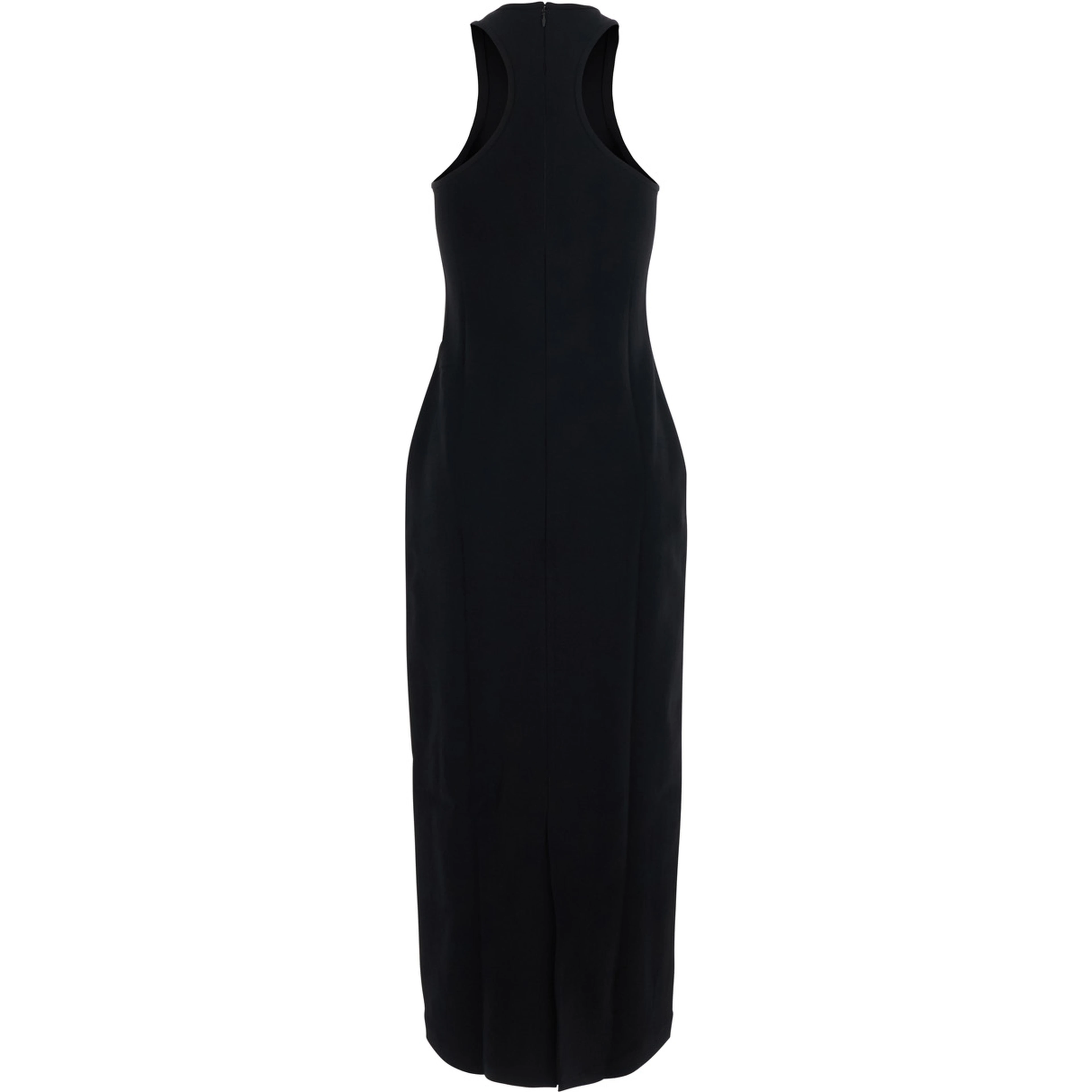 Long dress with v-neck and thin straps in black tech fabric for women