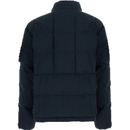 blue Down jacket with high collar and logo patch on the sleeve in cotton and Tech Fabric for men