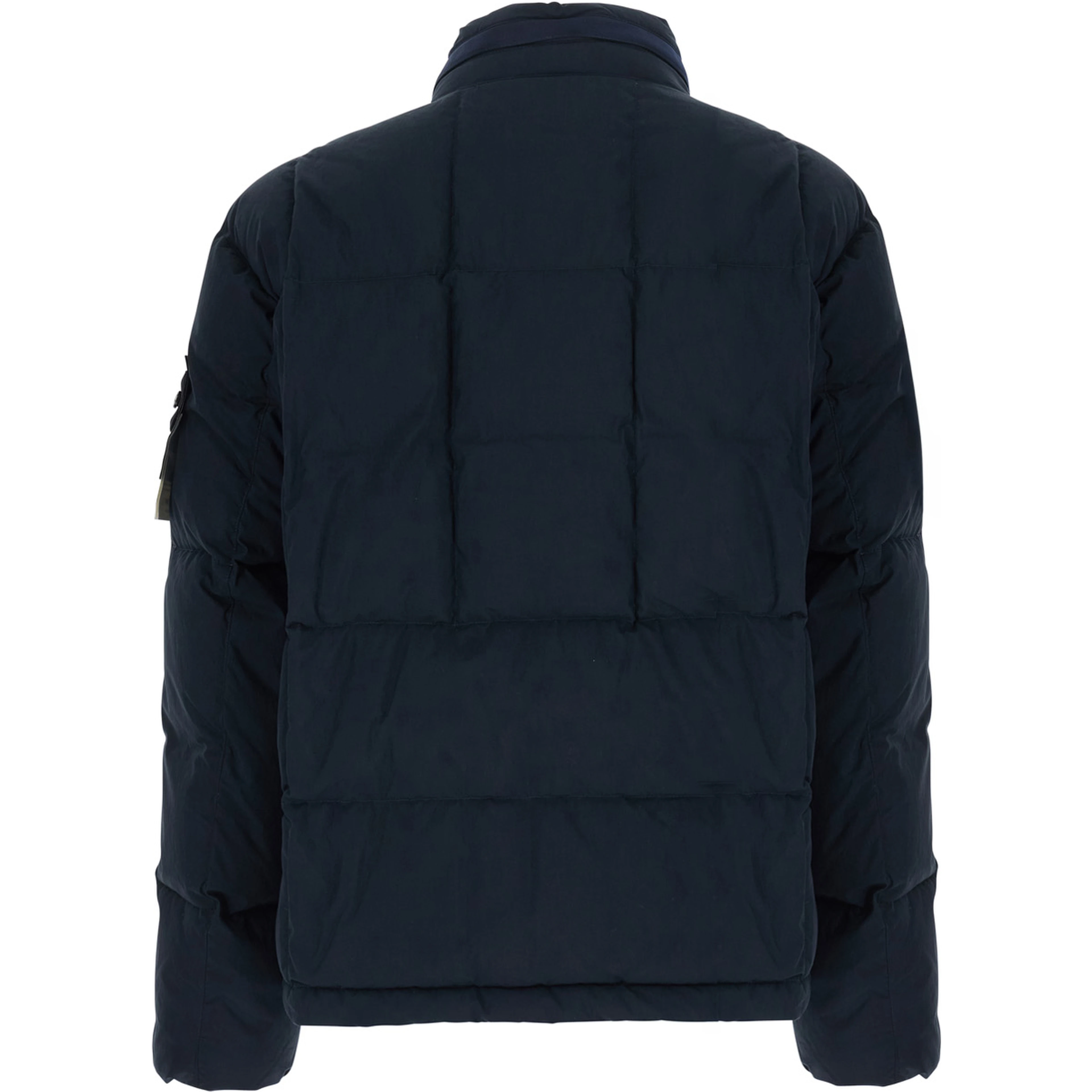 blue Down jacket with high collar and logo patch on the sleeve in cotton and Tech Fabric for men