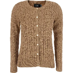beige Crew neck cardigan with cable knit and logo on the front in cotton Blend women