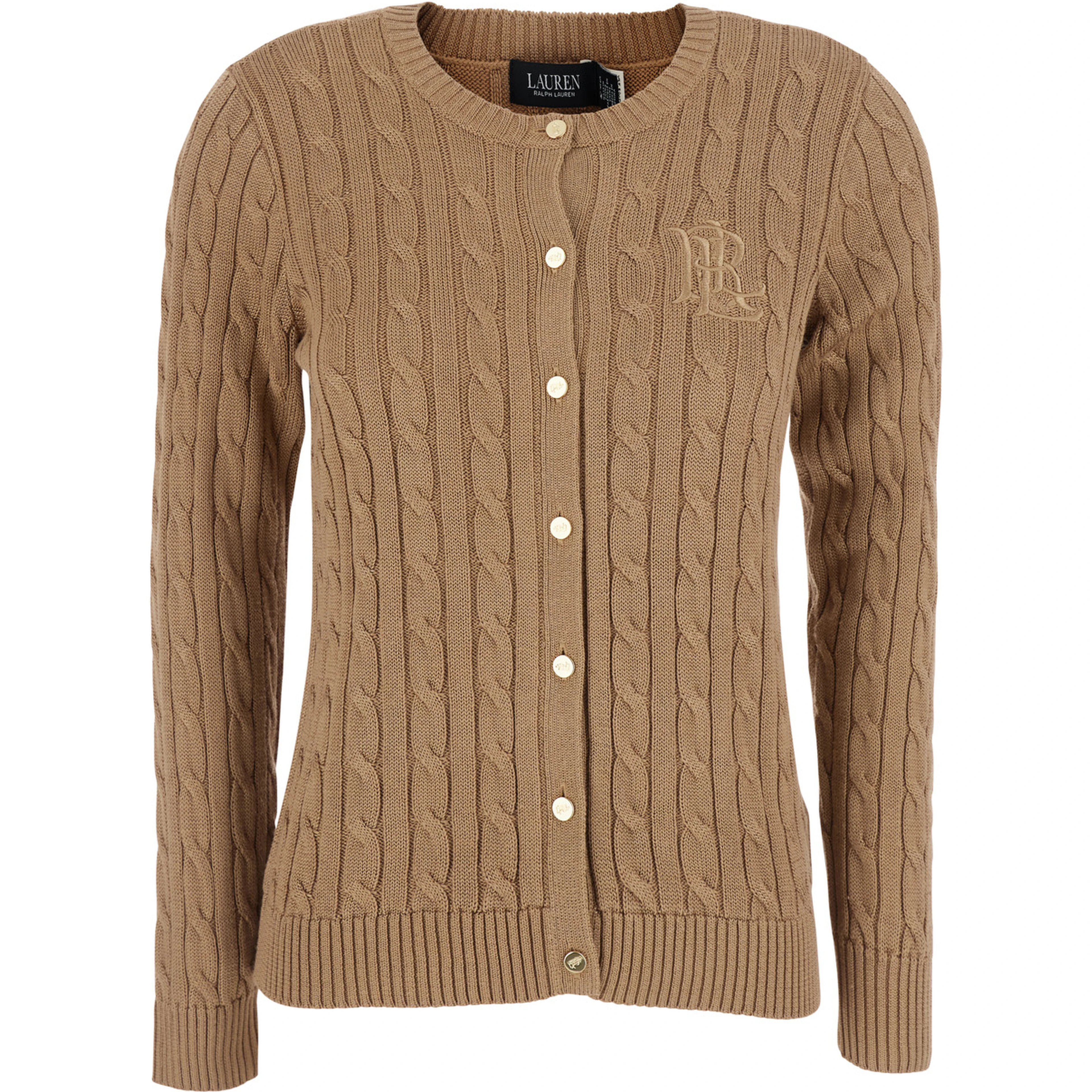 beige Crew neck cardigan with cable knit and logo on the front in cotton Blend women