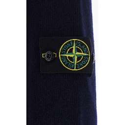 Blue Crewneck sweater with logo patch on the sleeve in wool for men