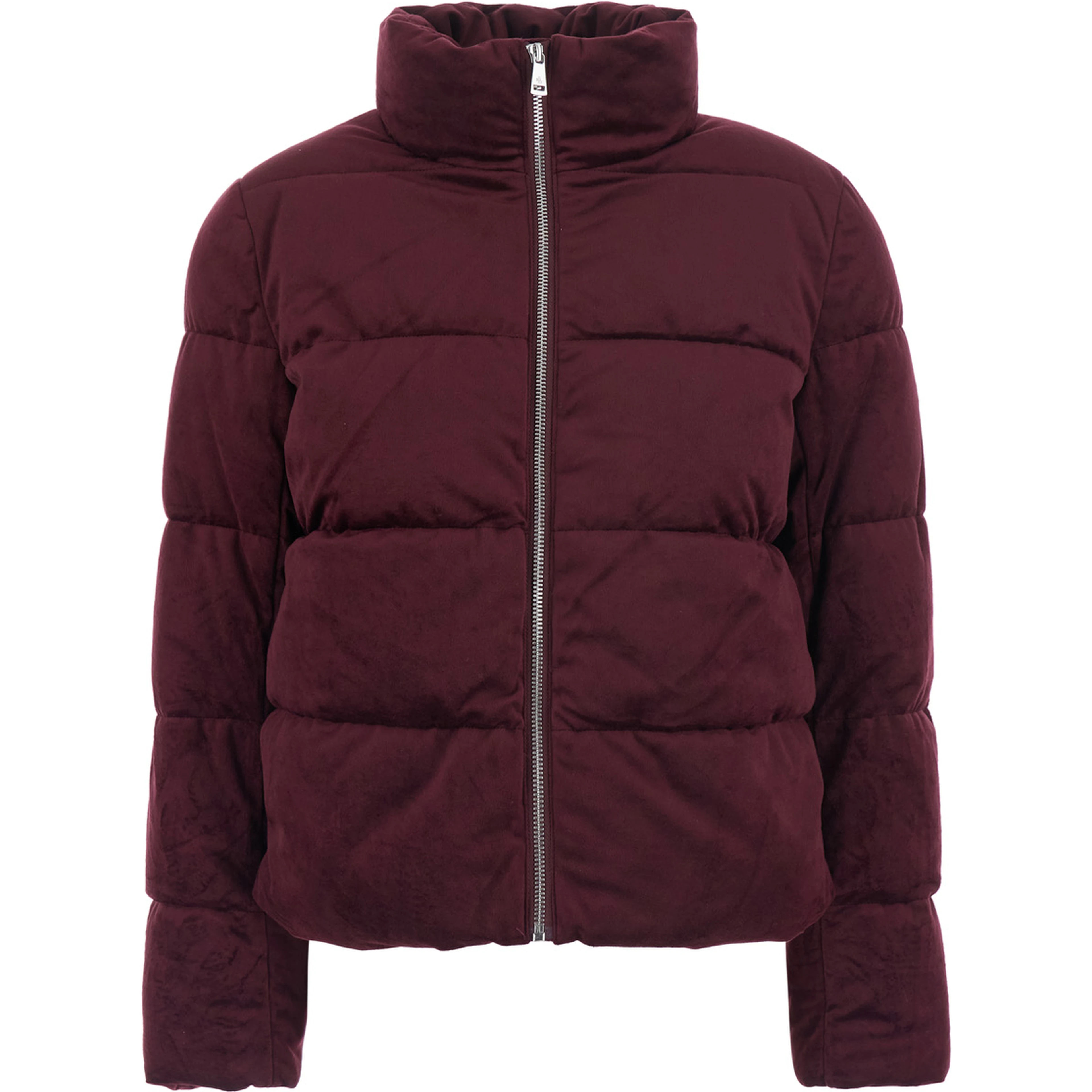 Down jacket VV POLY PFFR-INSULATED-COAT with front closure, high collar and pockets, in Tech Fabric, Bordeaux, woman
