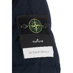 blue Down jacket with high collar and logo patch on the sleeve in cotton and Tech Fabric for men
