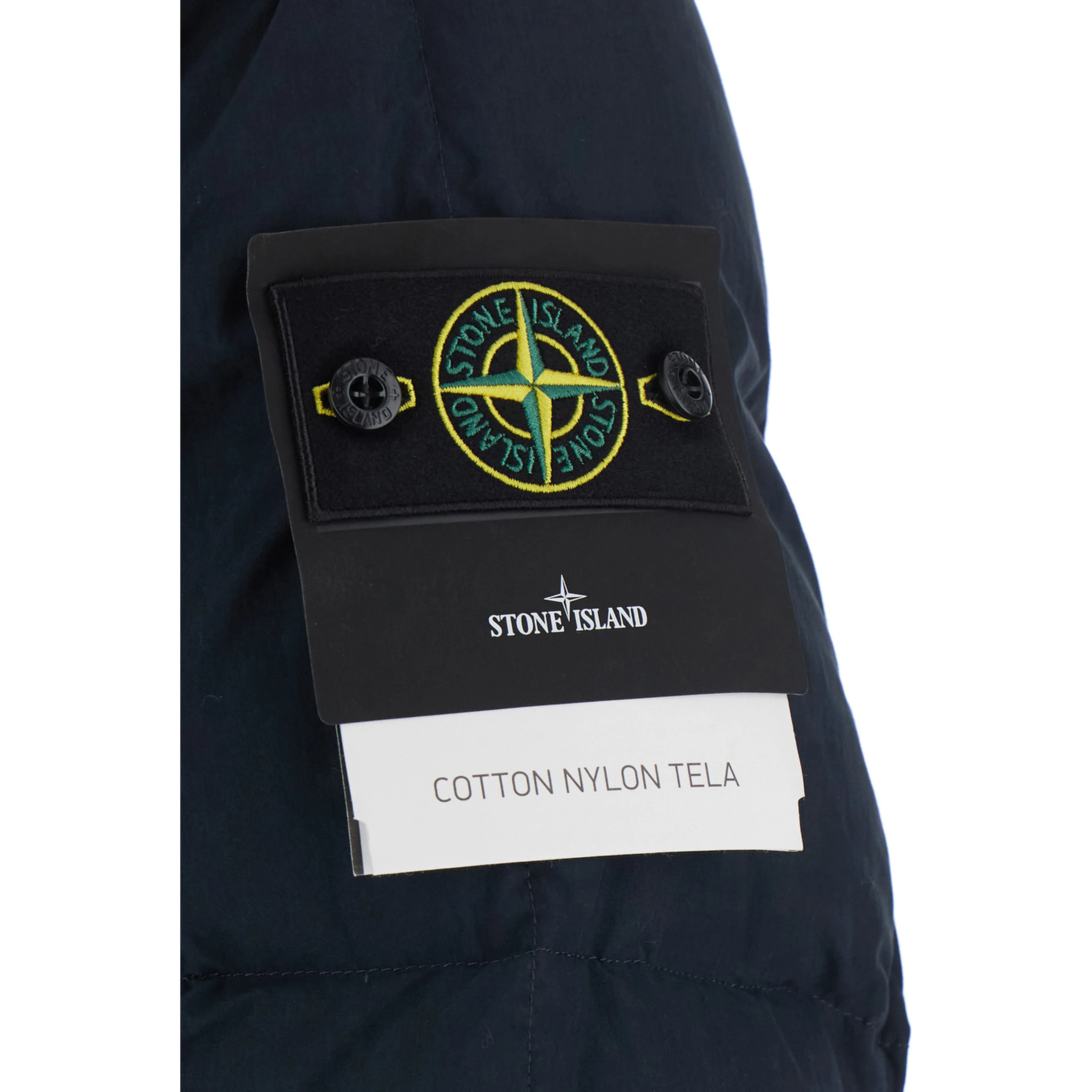 blue Down jacket with high collar and logo patch on the sleeve in cotton and Tech Fabric for men