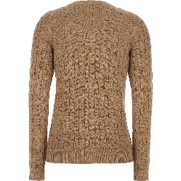 beige Crew neck cardigan with cable knit and logo on the front in cotton Blend women