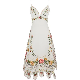 White Sleeveless Long  Dress with Spaghetti Straps and Floral Embroidery in Linen for Women
