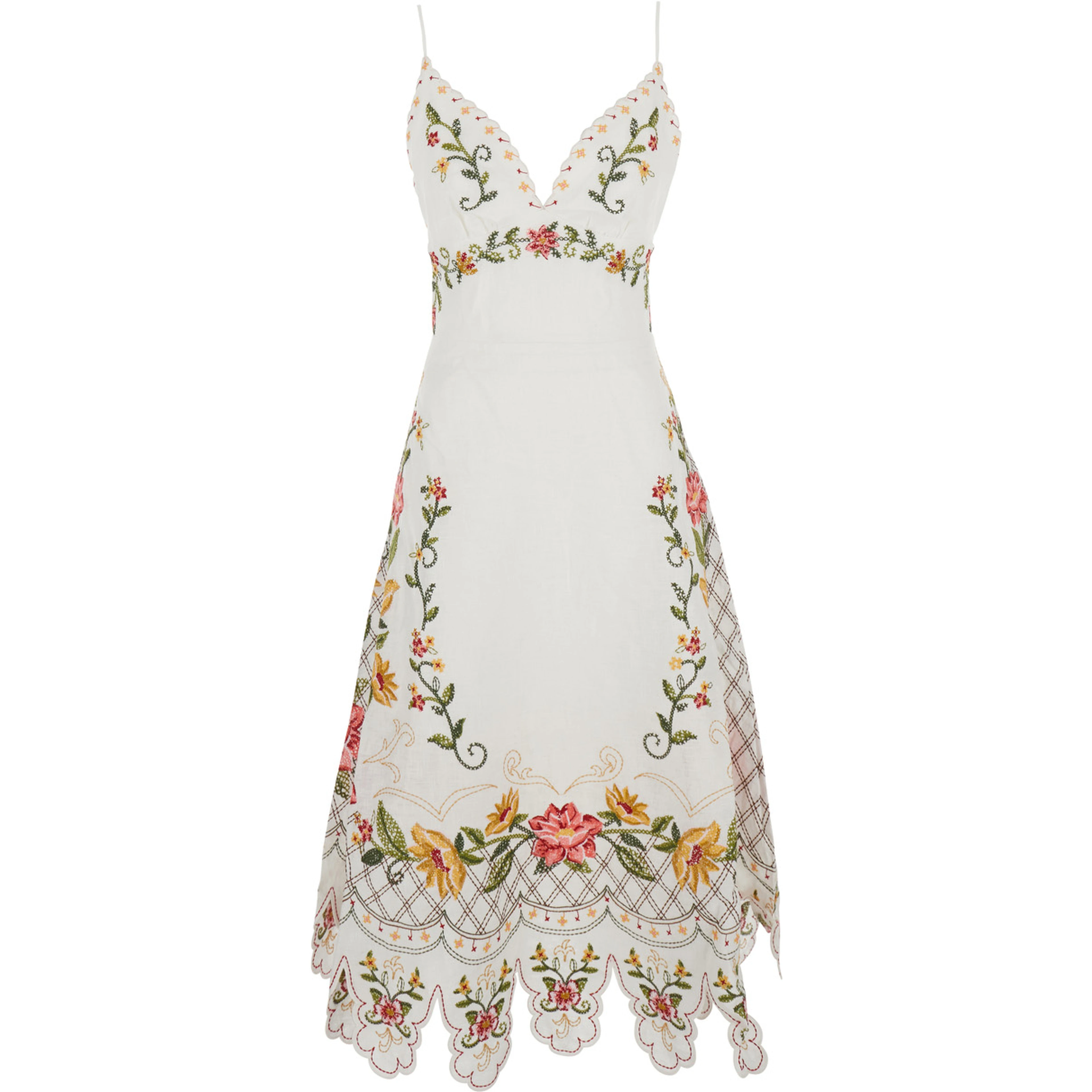 White Sleeveless Long  Dress with Spaghetti Straps and Floral Embroidery in Linen for Women