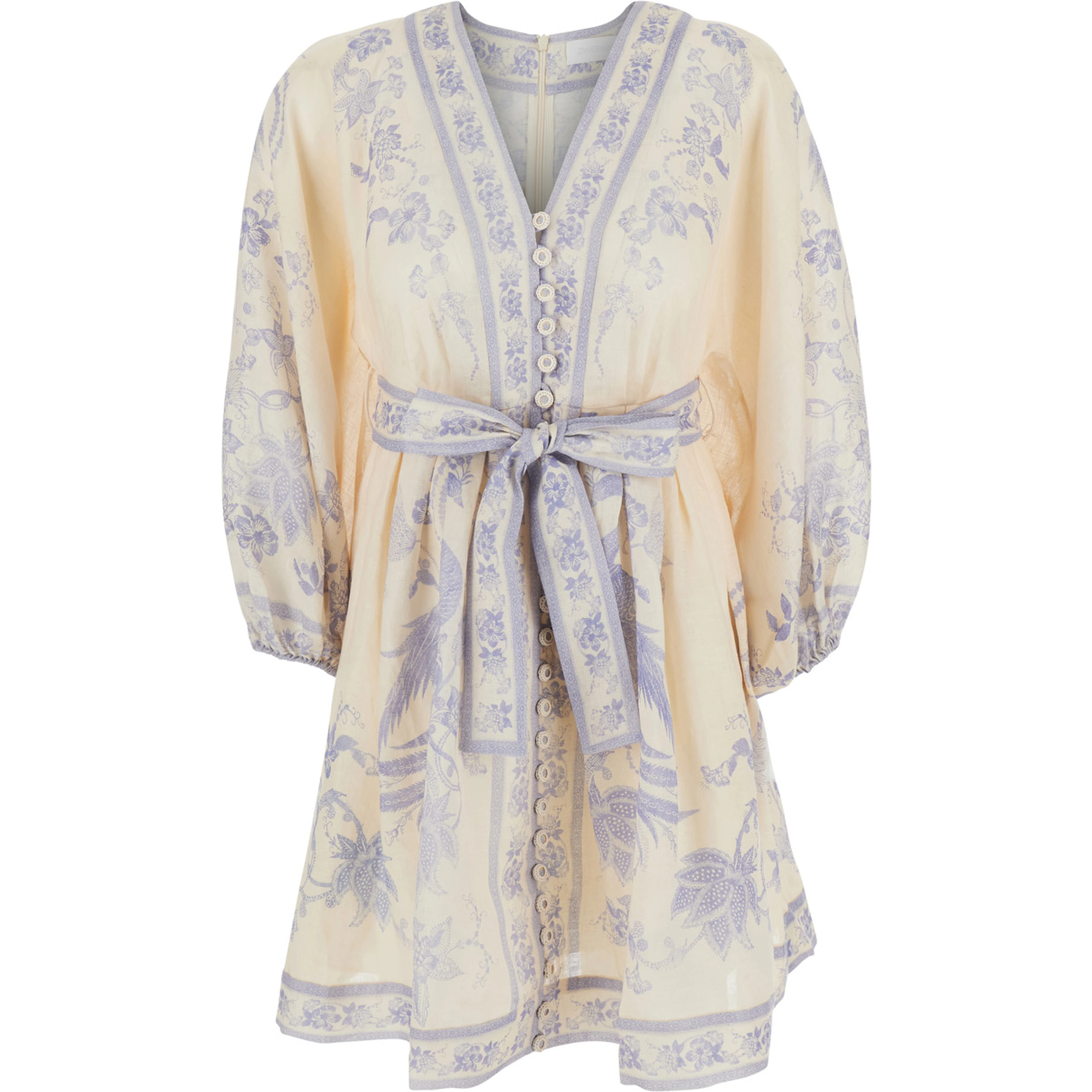 Indra multicolor Dress with V-neck and all-over print in linen for women