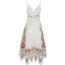 White Sleeveless Long  Dress with Spaghetti Straps and Floral Embroidery in Linen for Women