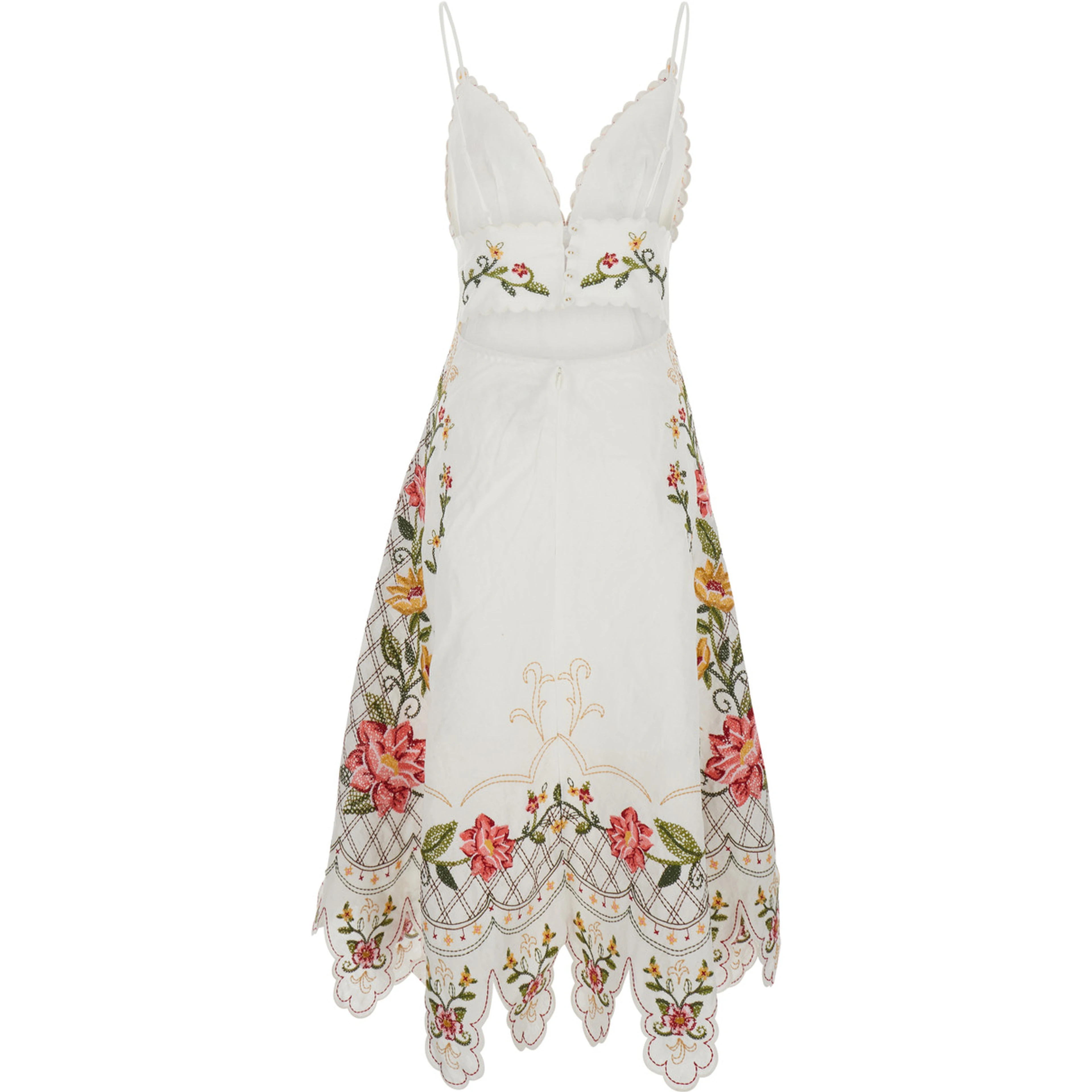 White Sleeveless Long  Dress with Spaghetti Straps and Floral Embroidery in Linen for Women