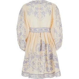 Indra multicolor Dress with V-neck and all-over print in linen for women