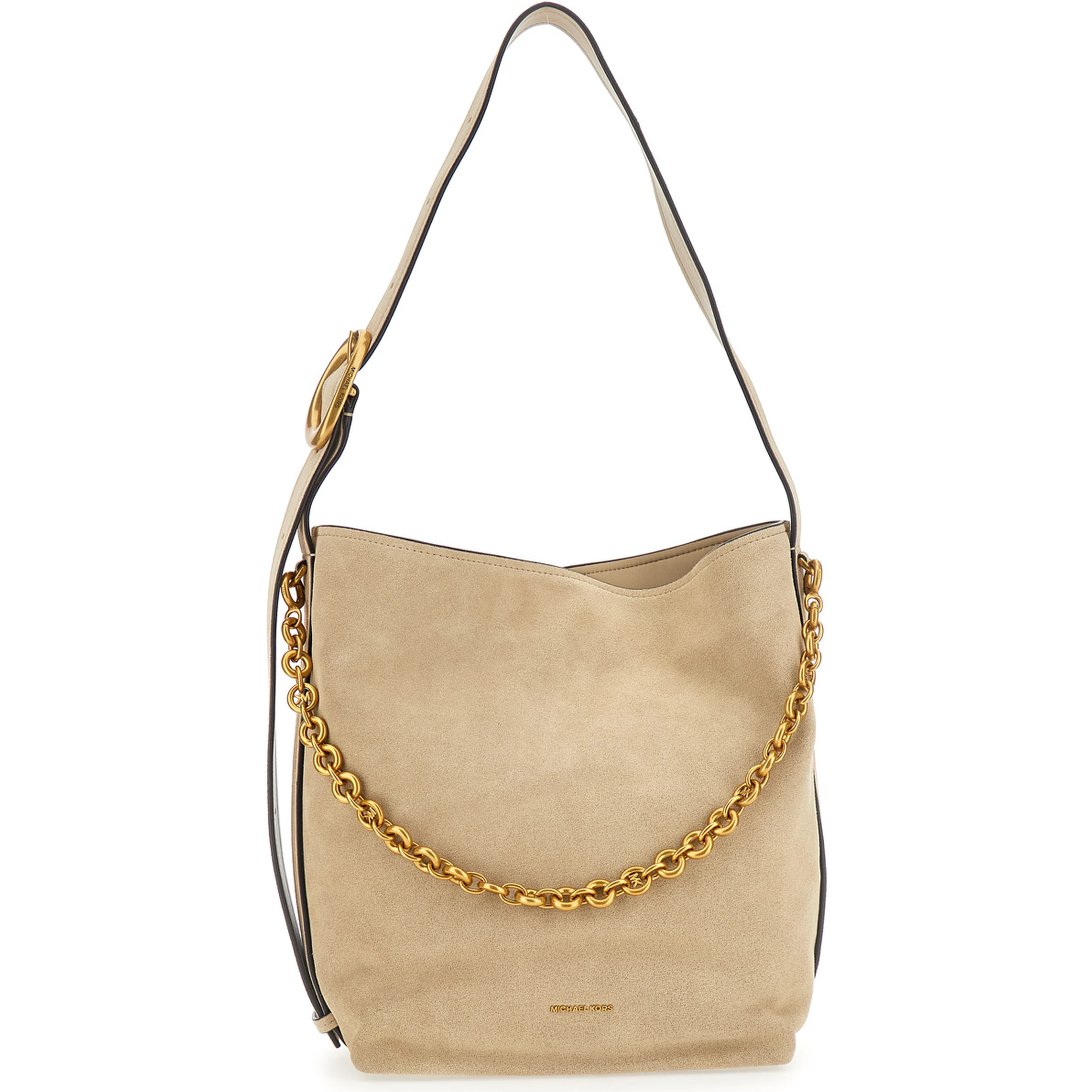 Nolita Beige Shoulder Bag with Chain Detail and Logo Lettering on the Front in Suede for Women