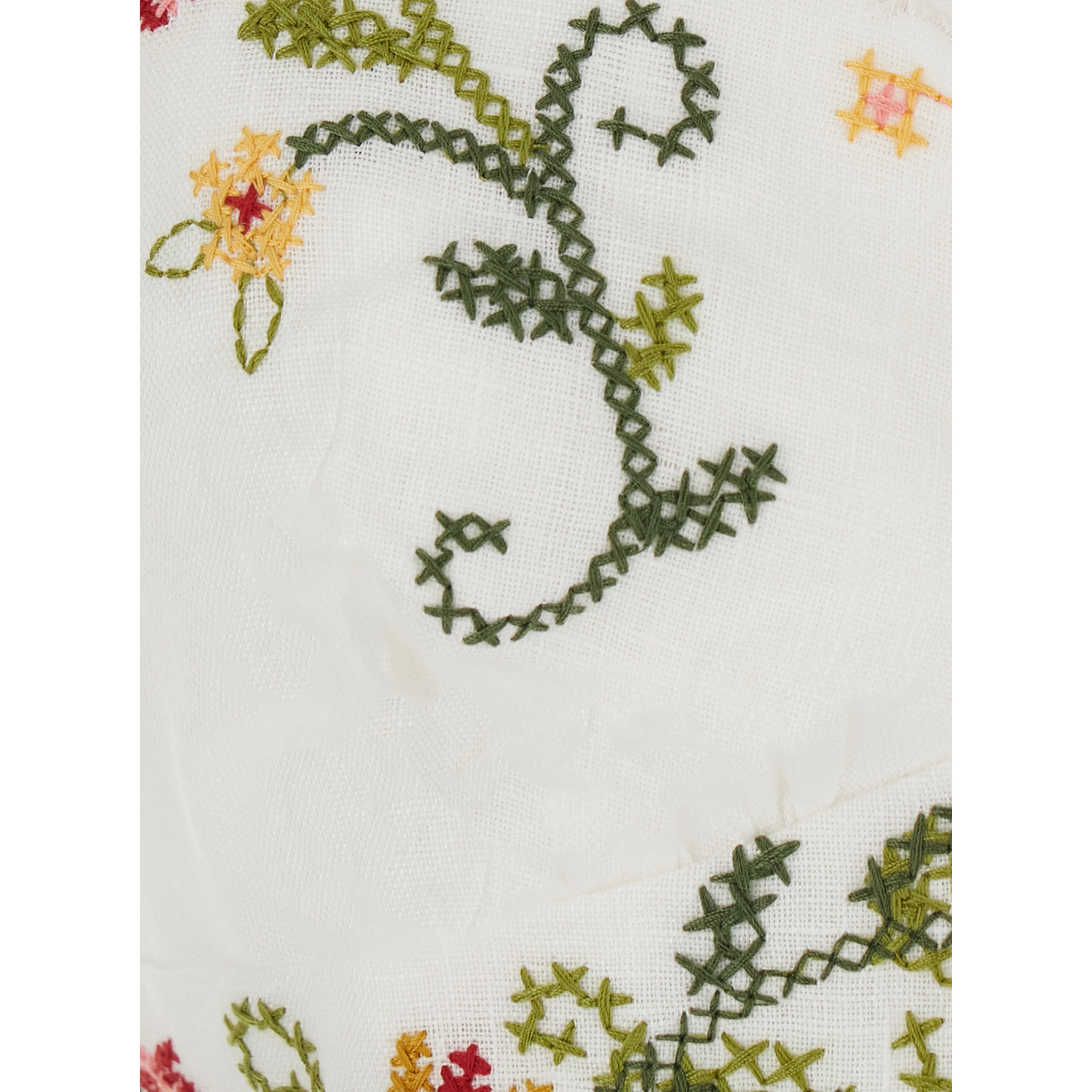White Sleeveless Long  Dress with Spaghetti Straps and Floral Embroidery in Linen for Women