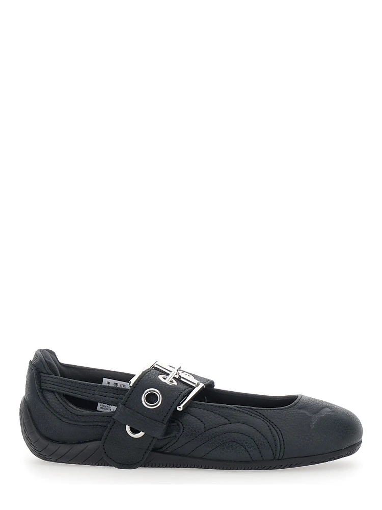 Speedcat black Ballet Flats with buckle strap and logo on the front in leather for women