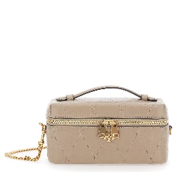 Charlie Gray vanity case with Adjustable and Removable Shoulder Strap and Logo Plate on the Front in Quilted Leather for Women