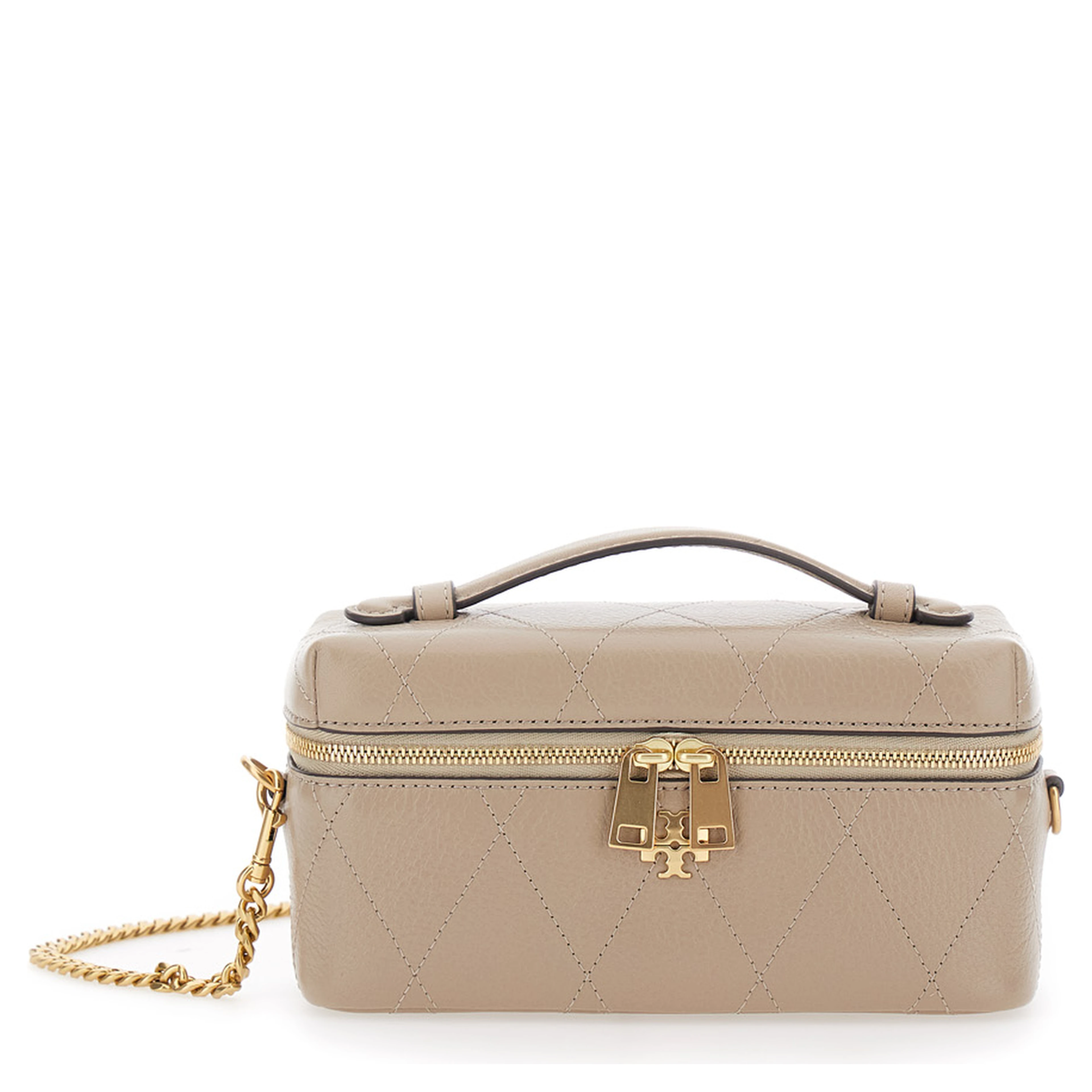 Charlie Gray vanity case with Adjustable and Removable Shoulder Strap and Logo Plate on the Front in Quilted Leather for Women