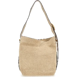 Nolita Beige Shoulder Bag with Chain Detail and Logo Lettering on the Front in Suede for Women