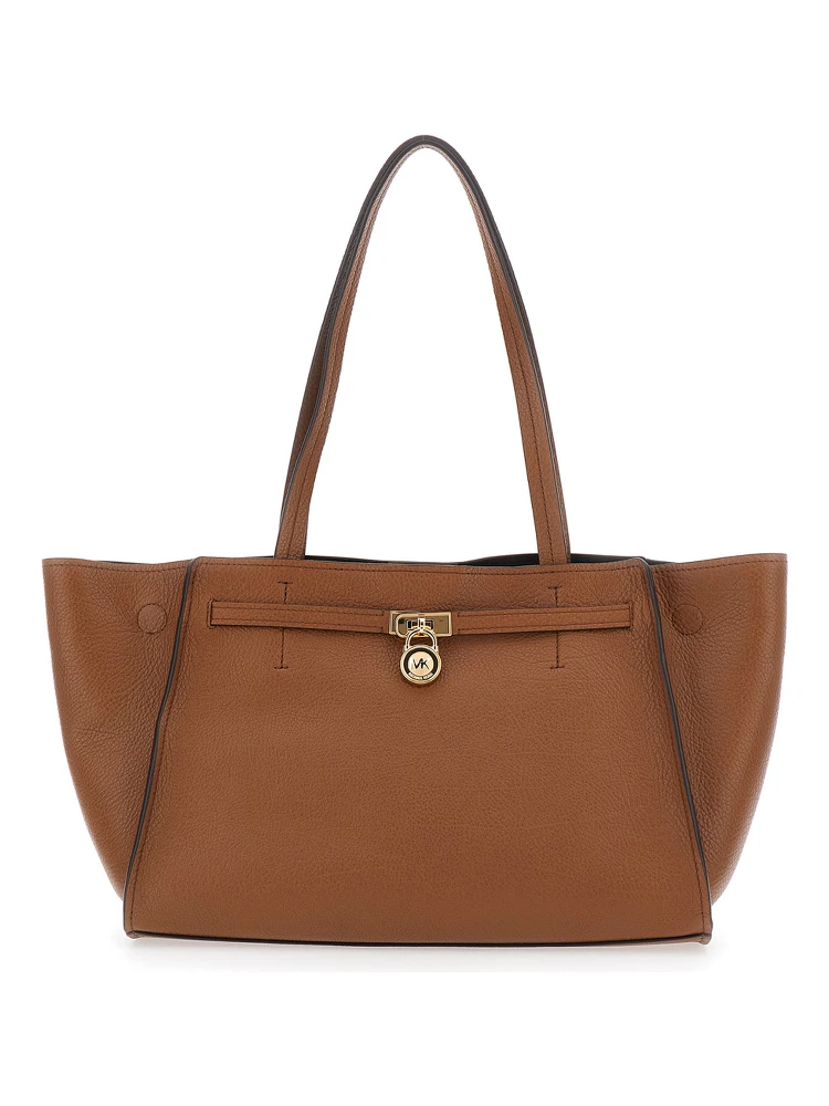 HAMILTON MODERNE LG EAST WEST FOLD TOTE Bag with metal details and prominent logo, in leather, brown, women