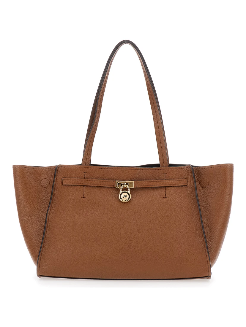 HAMILTON MODERNE LG EAST WEST FOLD TOTE Bag with metal details and prominent logo, in leather, brown, women