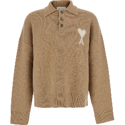 Beige Sweater with Polo Collar and ADC Embroidery on the Front in Wool for Men