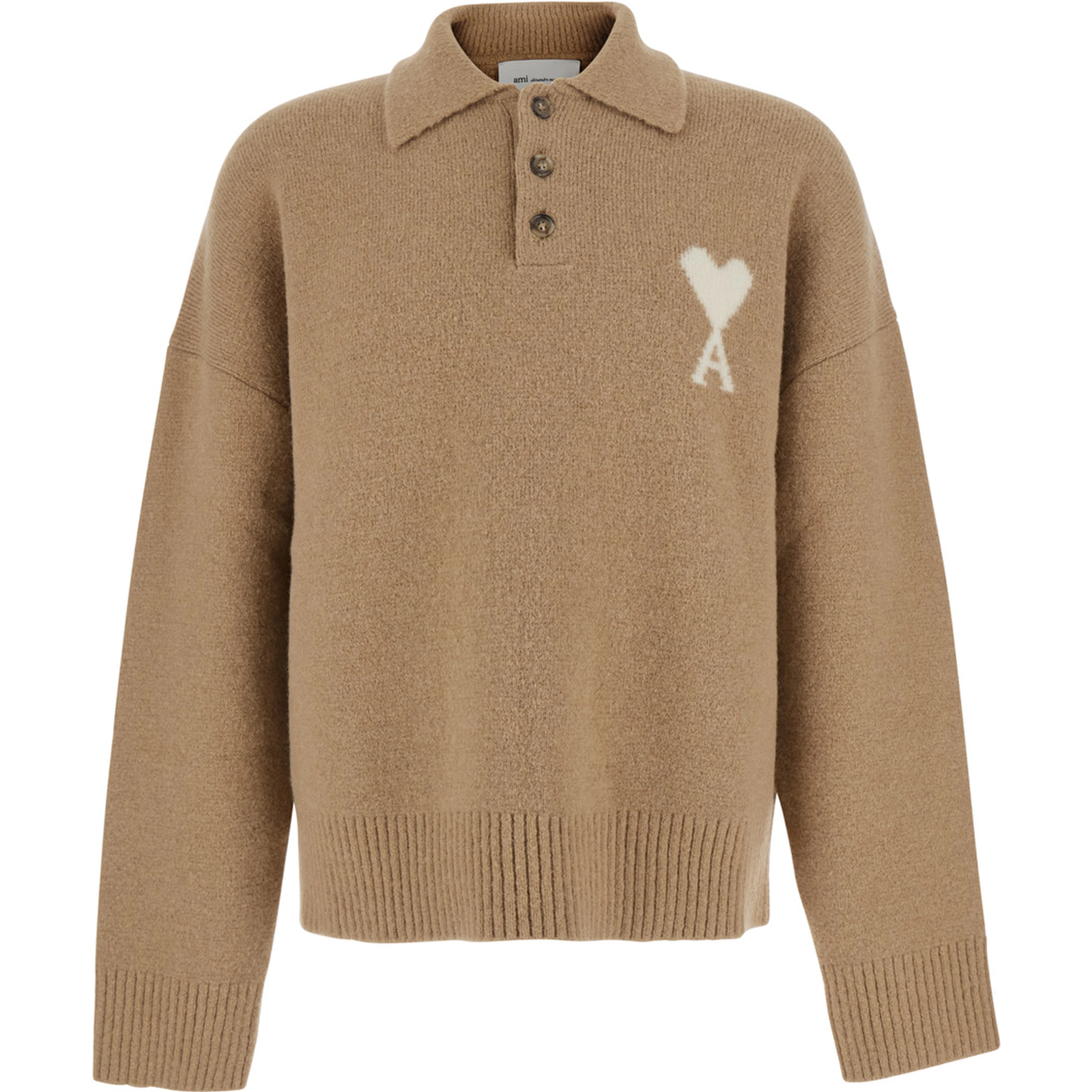 Beige Sweater with Polo Collar and ADC Embroidery on the Front in Wool for Men