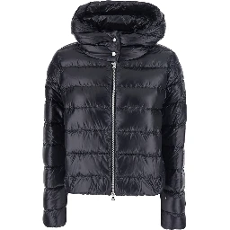 Black Short Down Jacket with Hood and Metal Plate on the Back in Tech Fabric Woman
