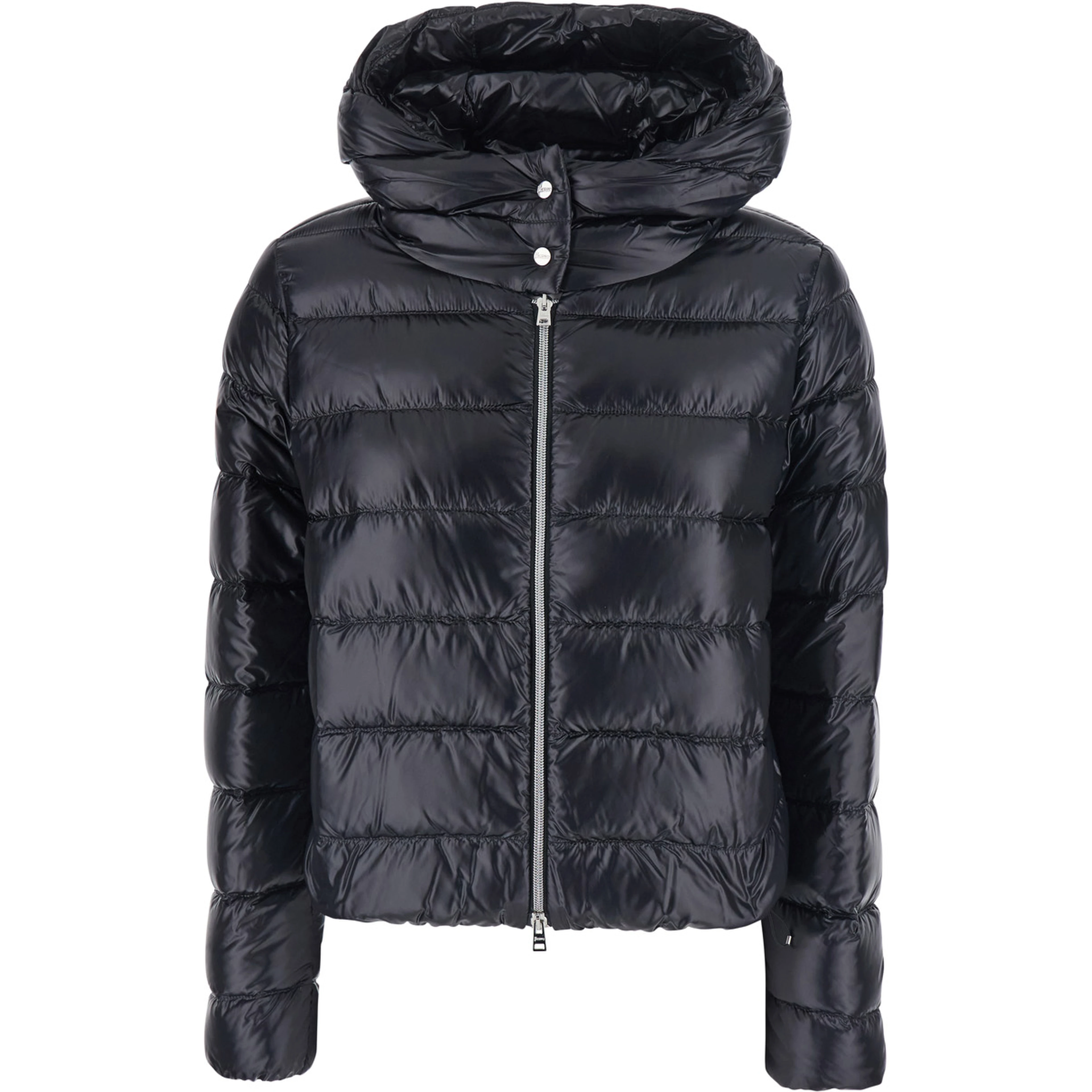 Black Short Down Jacket with Hood and Metal Plate on the Back in Tech Fabric Woman