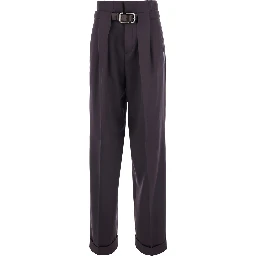 Brown Pants with Front Pleats and Front Belt with Buckle in Wool for Women