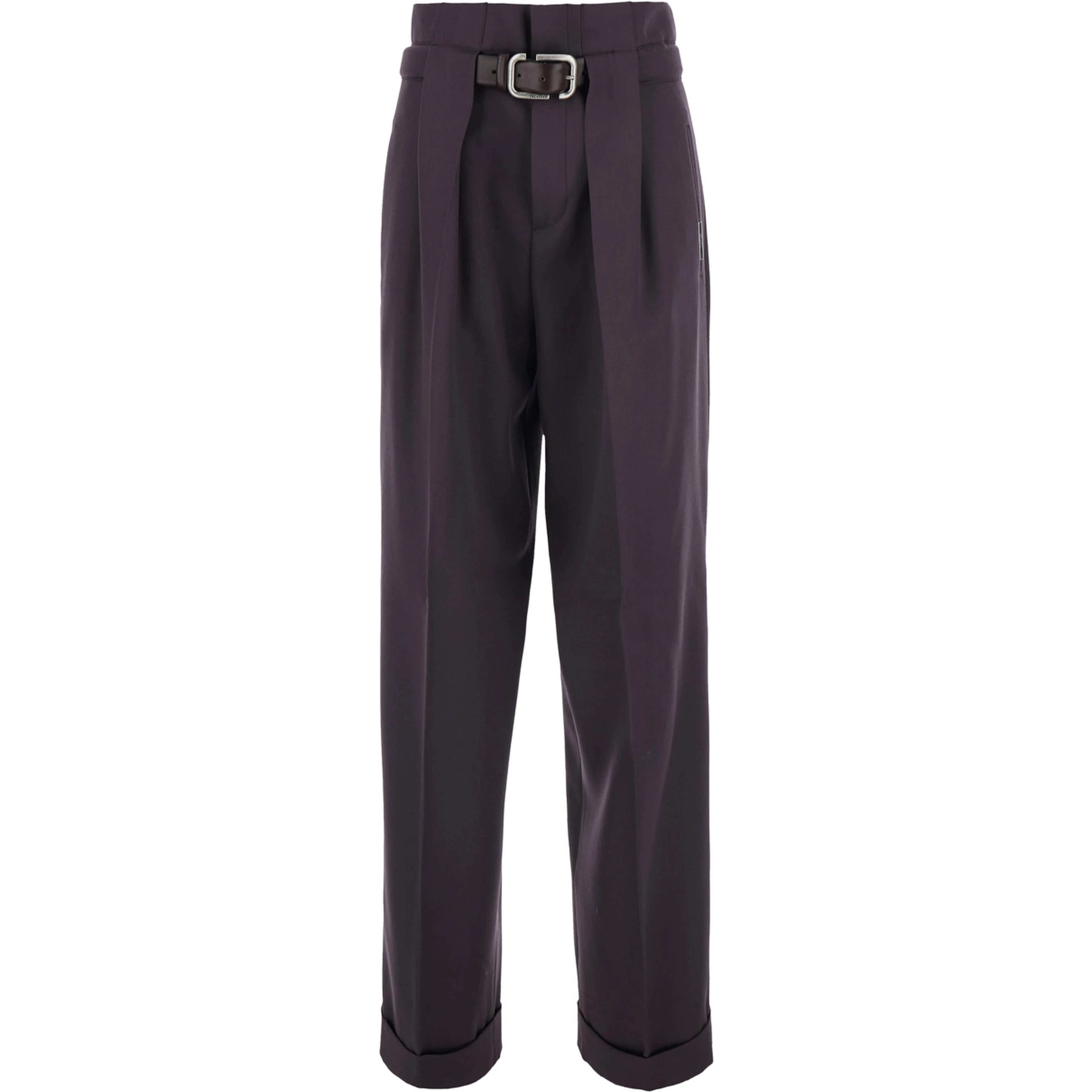 Brown Pants with Front Pleats and Front Belt with Buckle in Wool for Women
