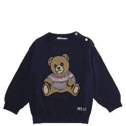 SWEATER with round neck and long sleeves in Cotton and Wool Blue Boy