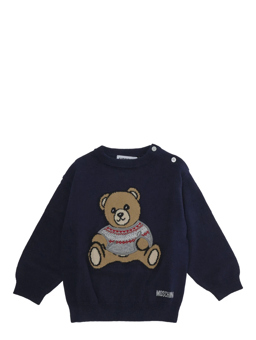 SWEATER with round neck and long sleeves in Cotton and Wool Blue Boy