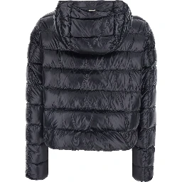 Black Short Down Jacket with Hood and Metal Plate on the Back in Tech Fabric Woman