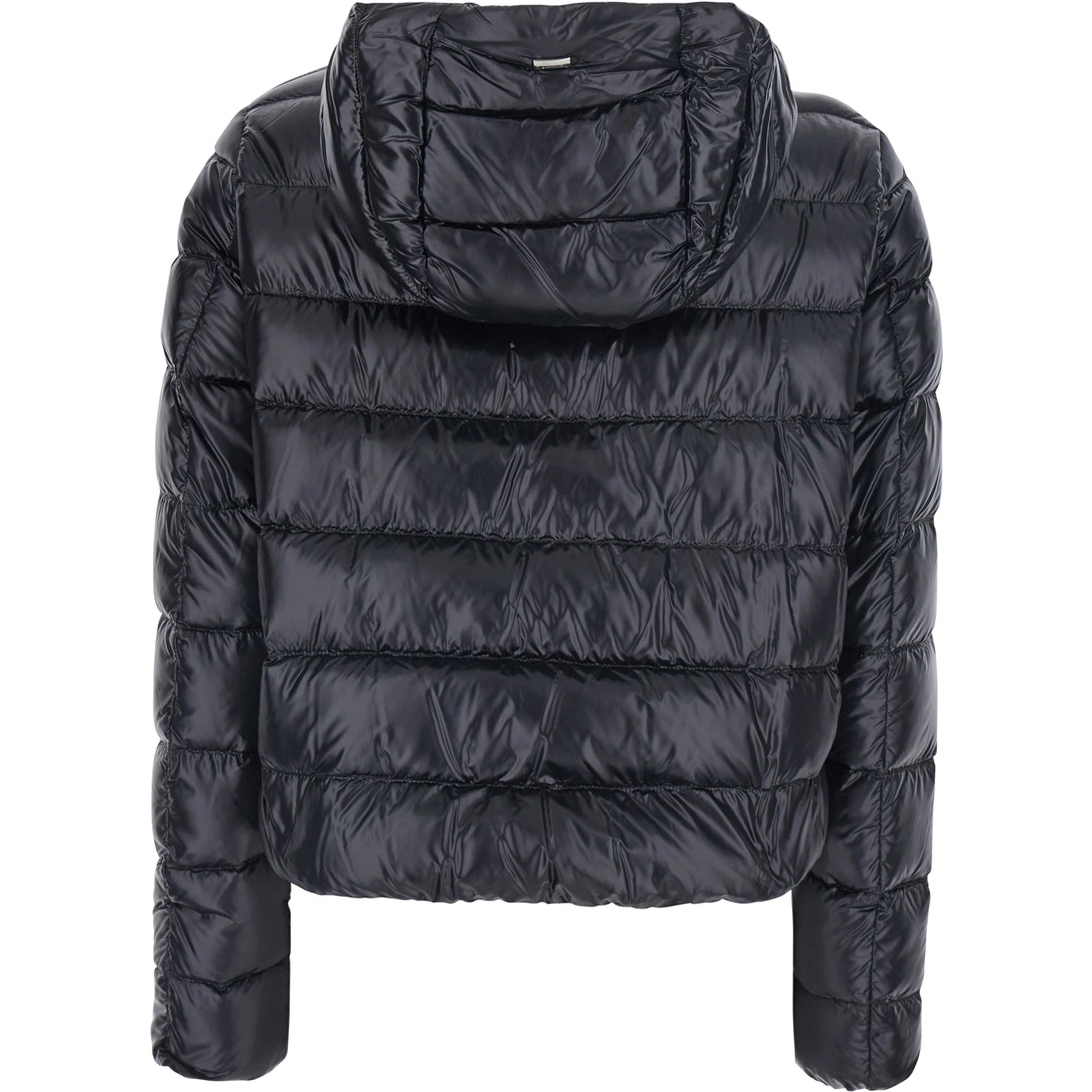 Black Short Down Jacket with Hood and Metal Plate on the Back in Tech Fabric Woman