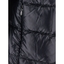 Black Short Down Jacket with Hood and Metal Plate on the Back in Tech Fabric Woman