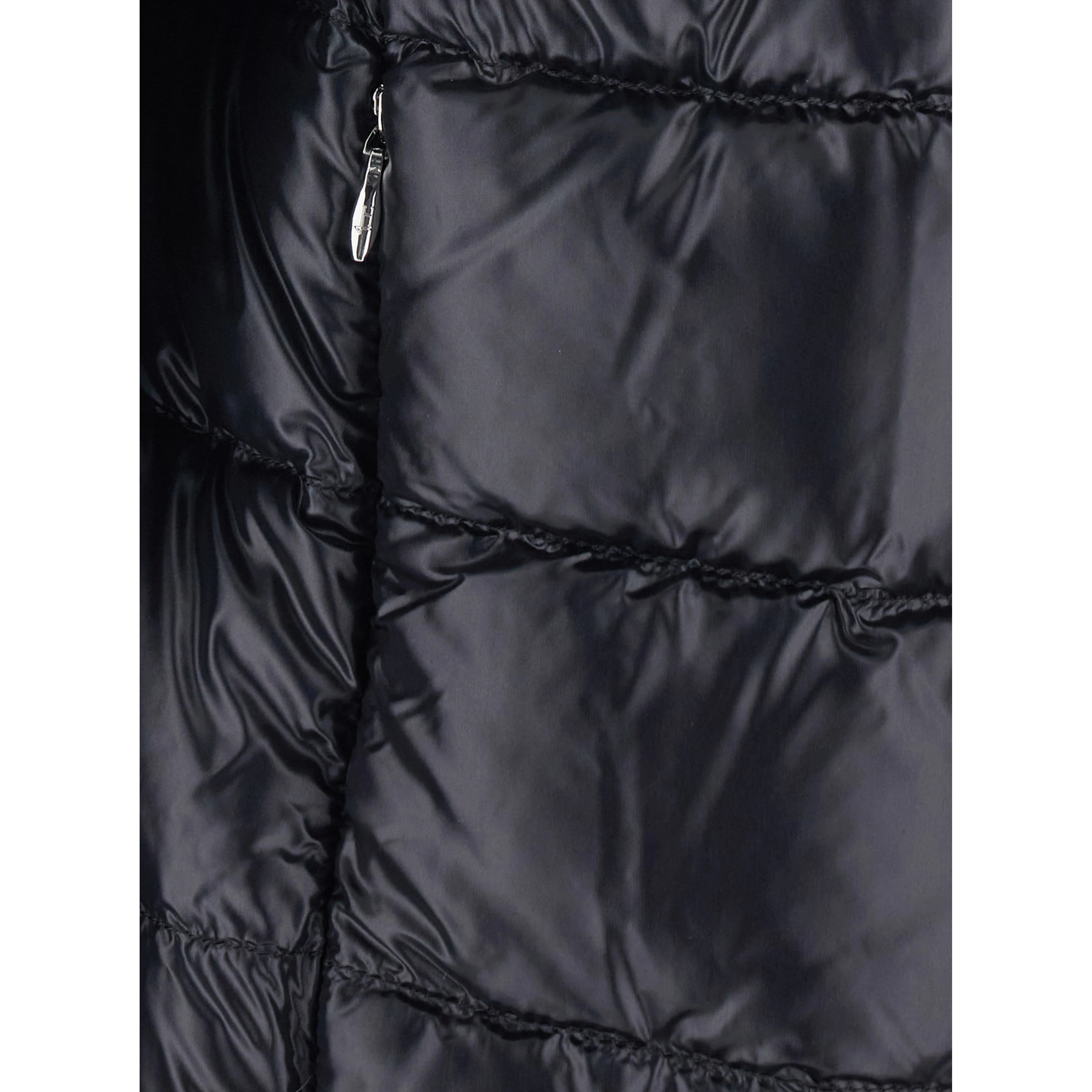 Black Short Down Jacket with Hood and Metal Plate on the Back in Tech Fabric Woman