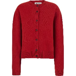 Classic cardigan with V-neck and long sleeves in wool and red for women