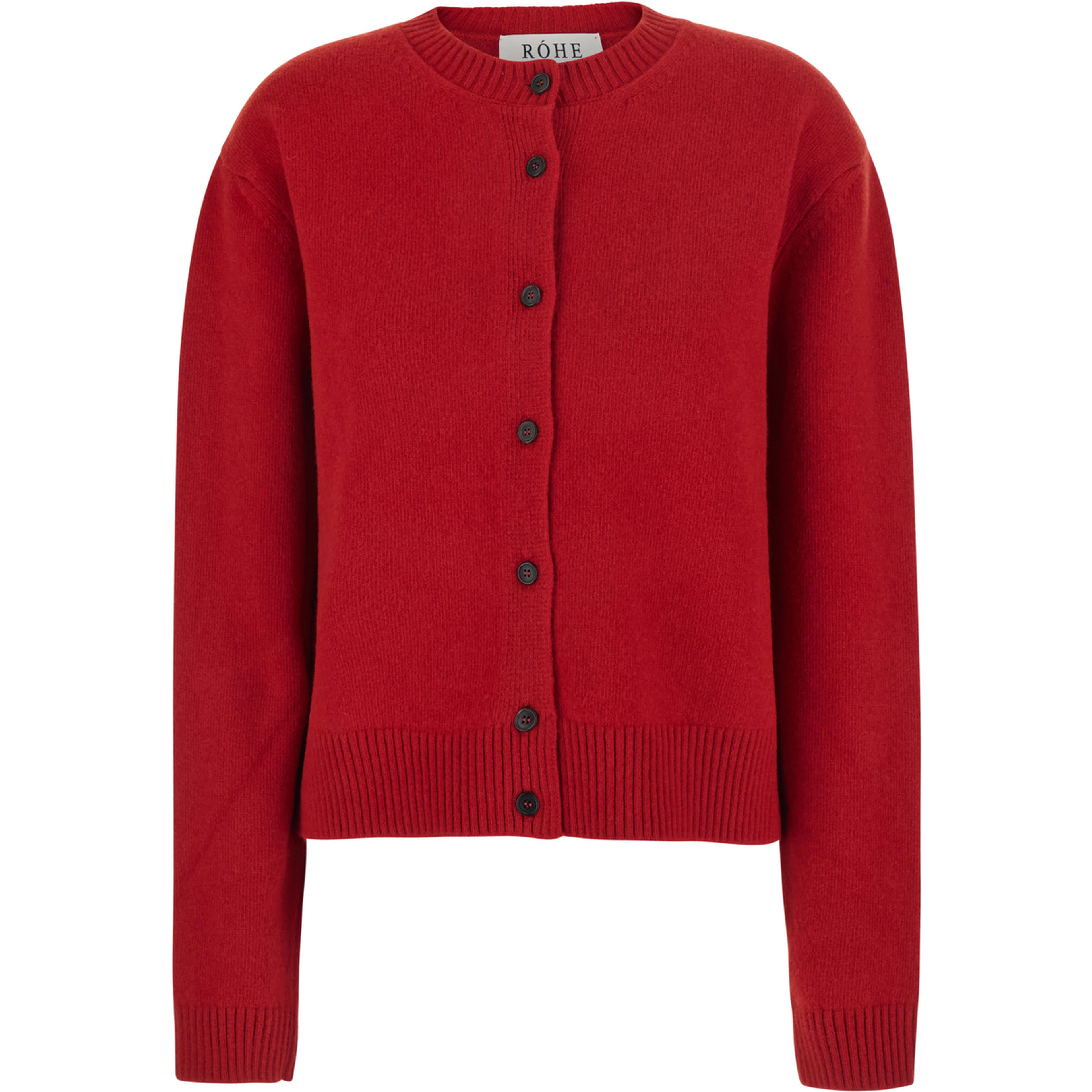 Classic cardigan with V-neck and long sleeves in wool and red for women