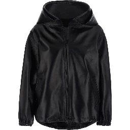 Black Jacket with hood and Dropped shoulders in leather for women