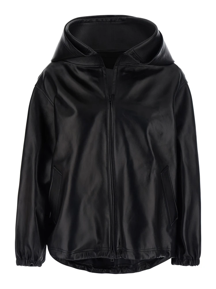 Black Jacket with hood and Dropped shoulders in leather for women